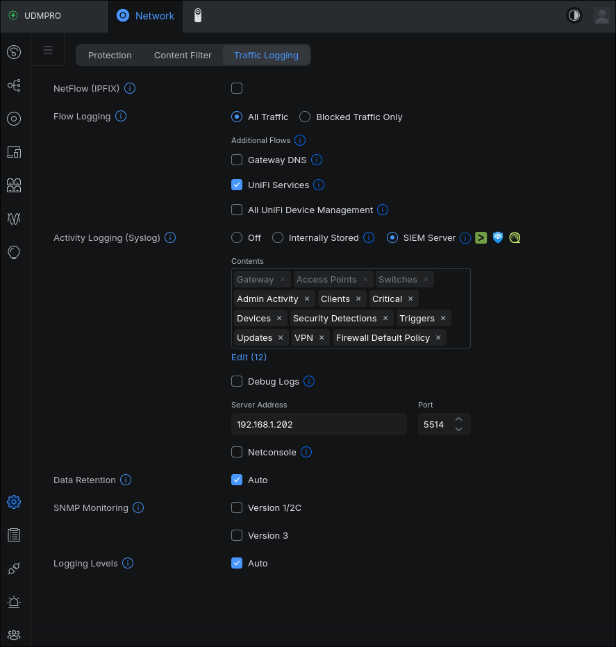 UniFi Traffic Logging settings showing SIEM Server configuration
